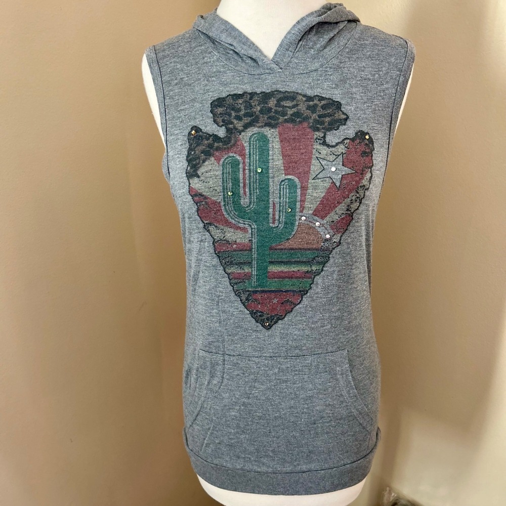 Boho Western Cactus Hooded Tank Top Women's Medium Gray Graphic Rhinestone